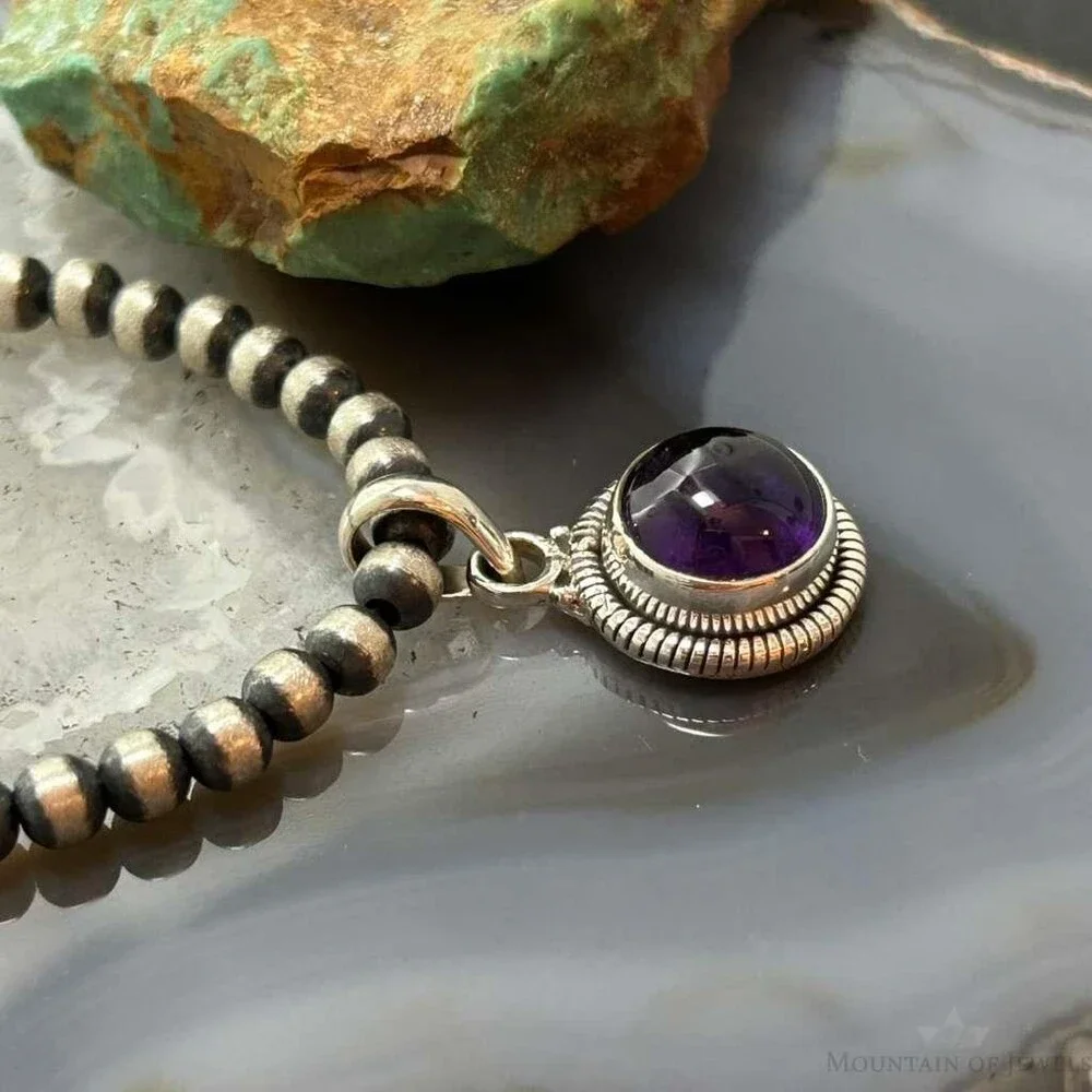 Sterling Southwestern Style Round Amethyst Decorated Charm/Pendant For Women